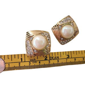 Nina Ricci Gold Tone Pearl Rhinestone Clip on Earrings